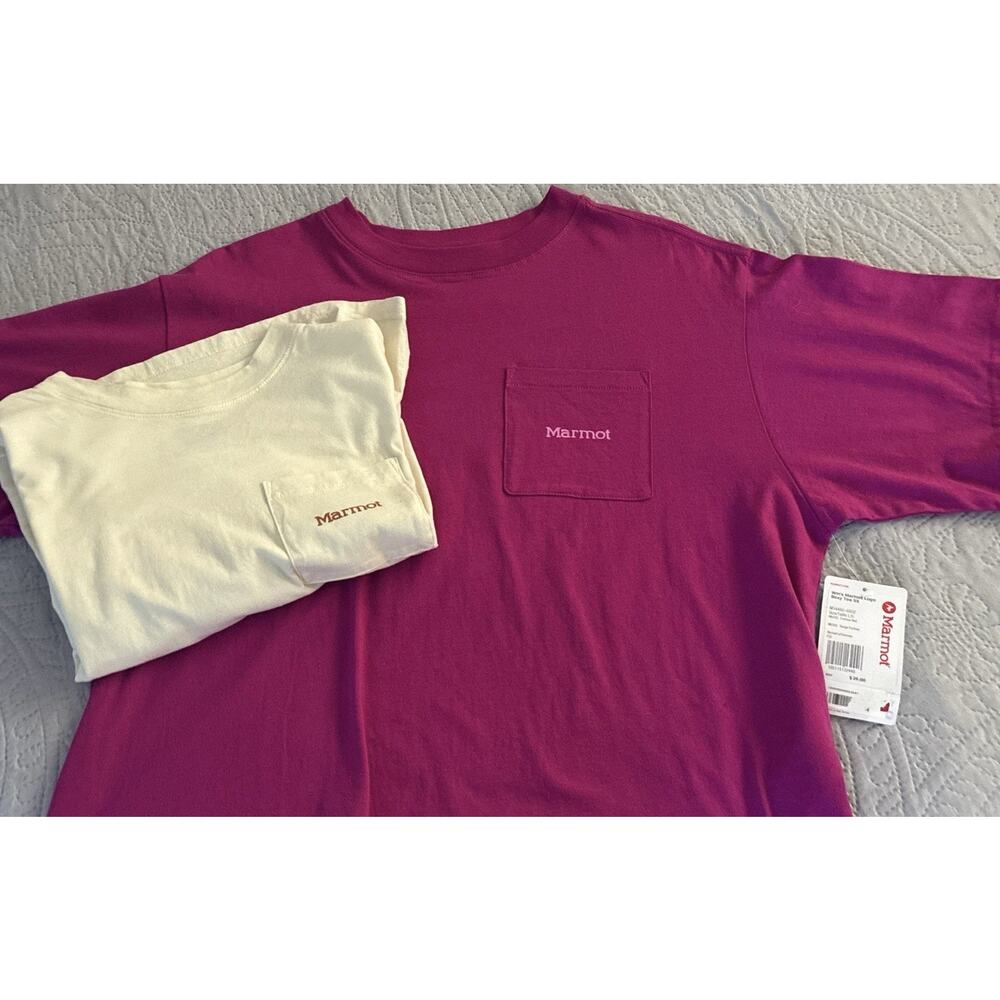 Two Marmot Boxy Logo SS Cropped Tees NWT Fuschia and Cream